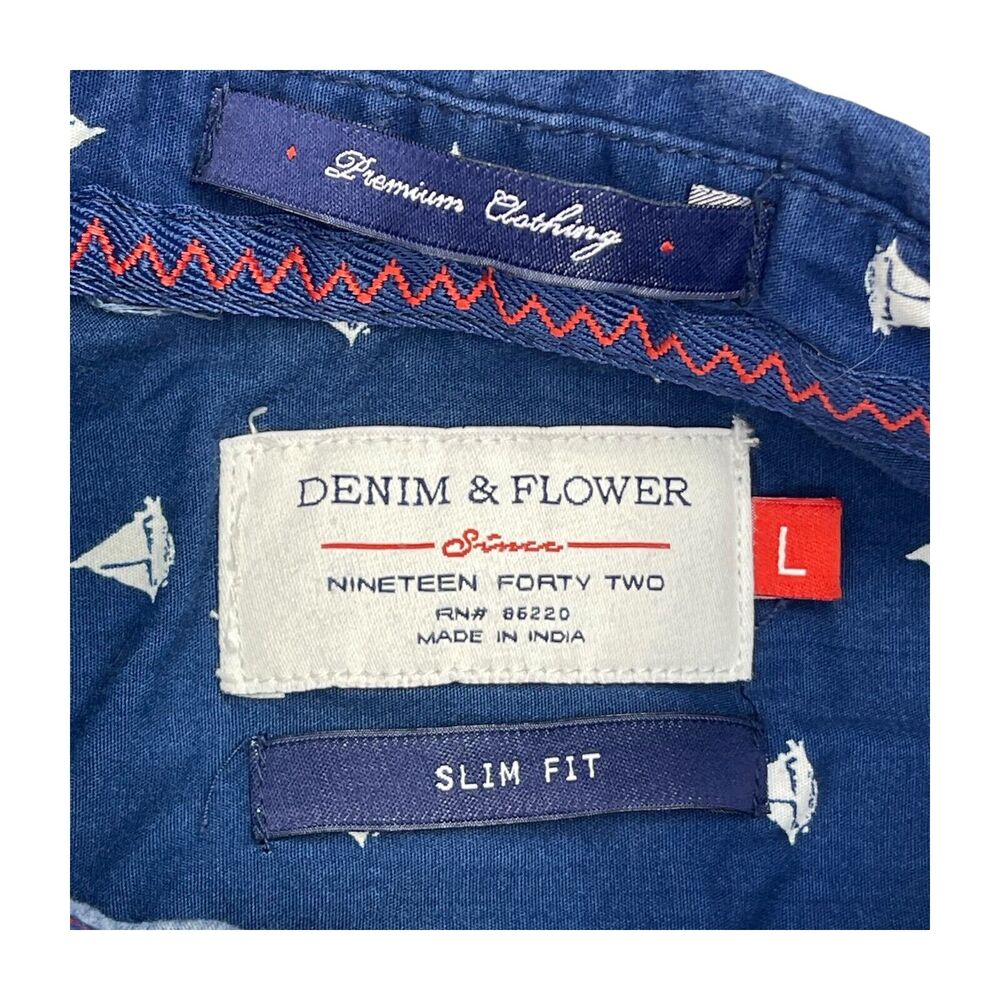 Denim & Flower Shirt Men's Large Navy Sailboat Print Cotton Slim Fit Button-Down - Picture 2 of 8